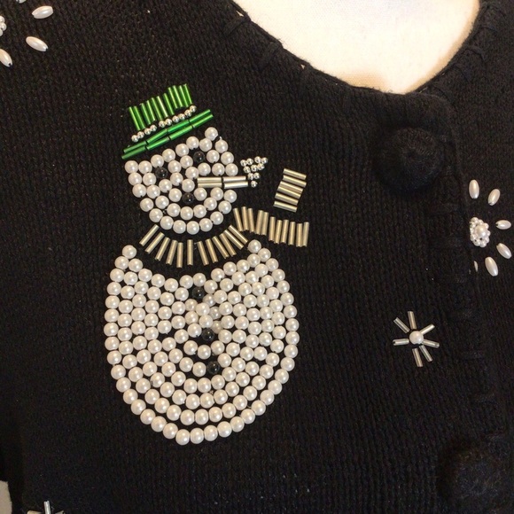 Victoria Jones Snowman Christmas Beaded Long Sleeve Cardigan Sweater Medium - Picture 3 of 6